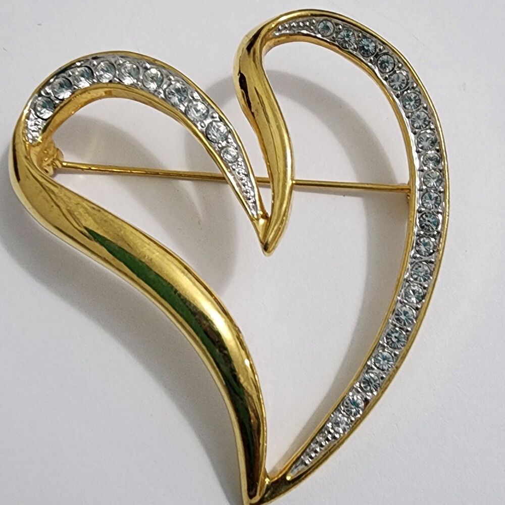 Modernist Open Heart Brooch Rhinestone Shiny Gold Tone Love Abstract Statement
